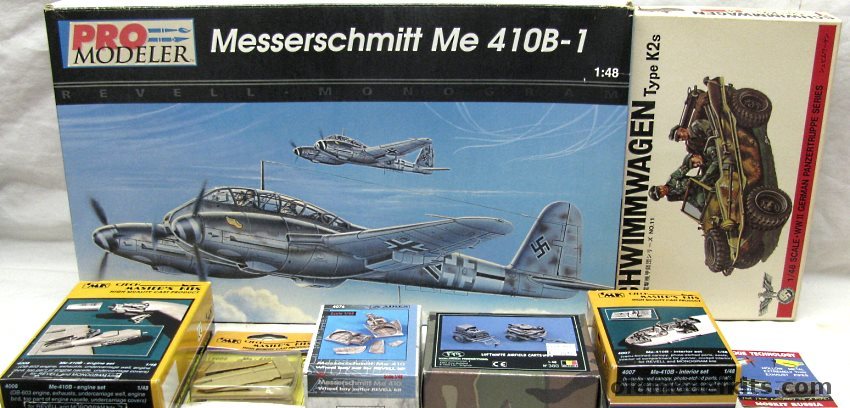 Monogram 1/48 Pro Modeler Messerschmitt Me-410B-1 with CMK Engine and Cockpit Sets / Aires Wheel Bays Set / CMK Control Surfaces / MOskit Metal Exhaust / Verlinden Luftwaffe Airfield Carts / Bandai Scwimmwagen, 5936 plastic model kit